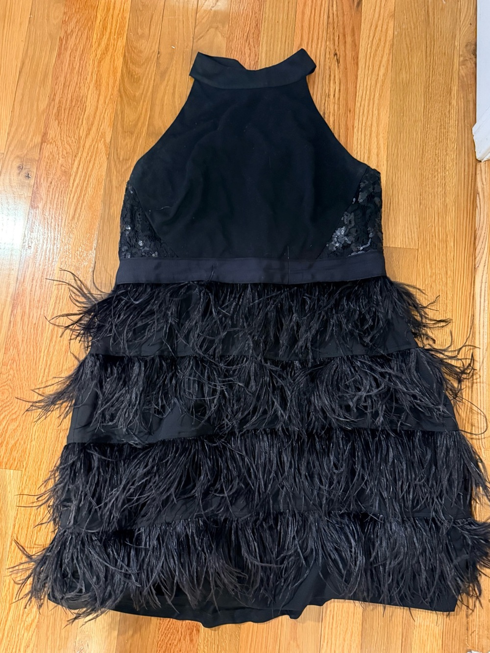 Women's Black Feather Tiered Halter Mini Dress